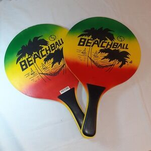 Set of Solex Tropical Wooden Paddles‎ Beachball and Palm Tree Themed No Ball